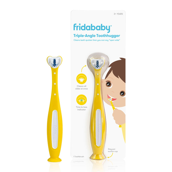 Showing a deep yellow triple angled tooth-brush inside and outside of package.